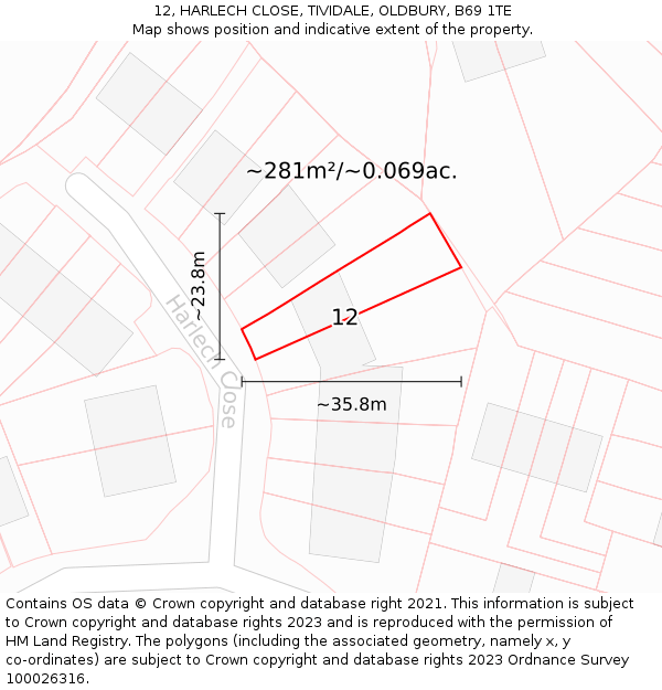 12, HARLECH CLOSE, TIVIDALE, OLDBURY, B69 1TE: Plot and title map