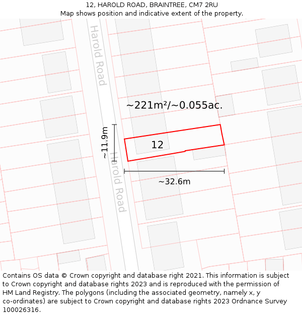 12, HAROLD ROAD, BRAINTREE, CM7 2RU: Plot and title map