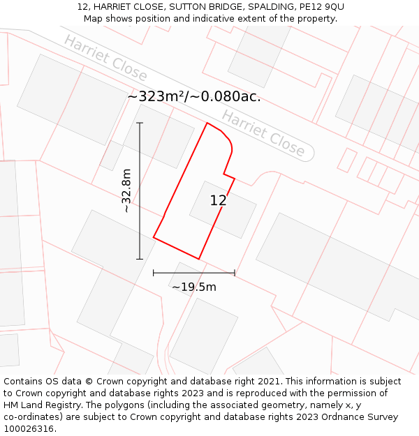 12, HARRIET CLOSE, SUTTON BRIDGE, SPALDING, PE12 9QU: Plot and title map