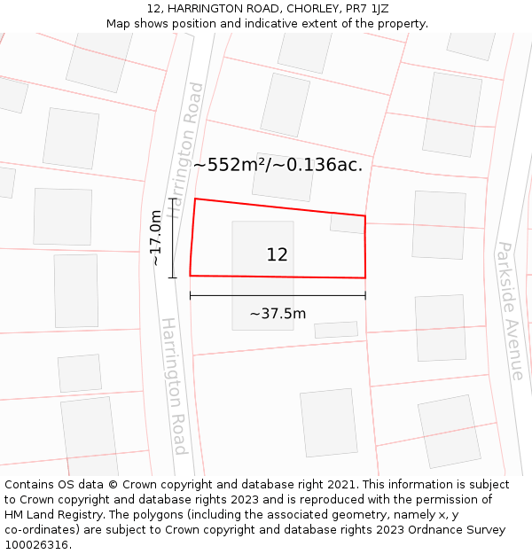 12, HARRINGTON ROAD, CHORLEY, PR7 1JZ: Plot and title map