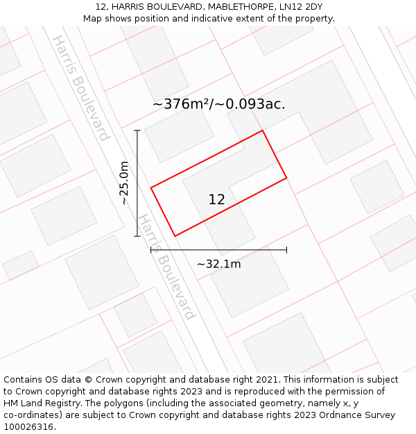 12, HARRIS BOULEVARD, MABLETHORPE, LN12 2DY: Plot and title map