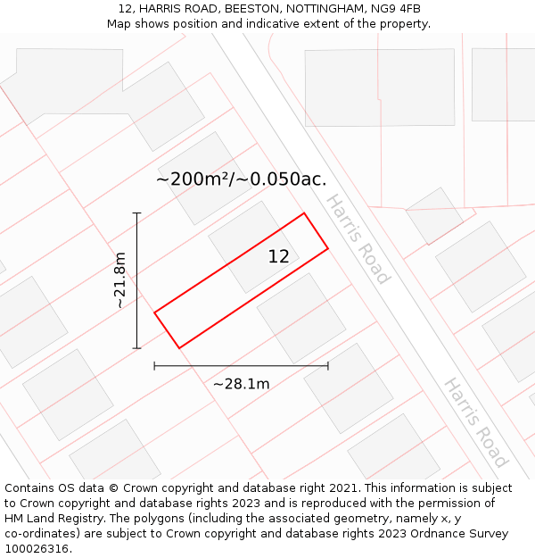 12, HARRIS ROAD, BEESTON, NOTTINGHAM, NG9 4FB: Plot and title map