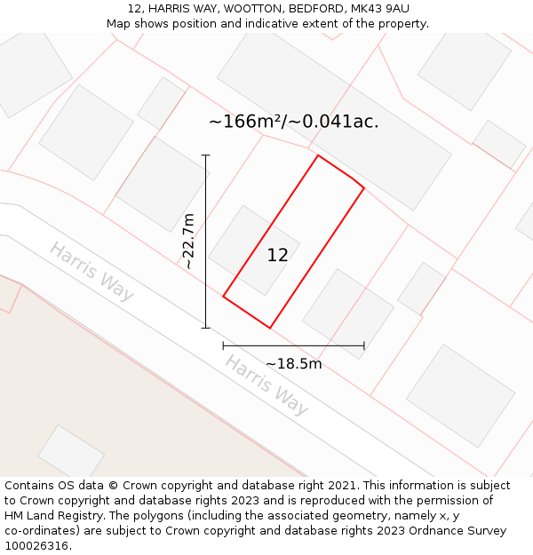 12, HARRIS WAY, WOOTTON, BEDFORD, MK43 9AU: Plot and title map
