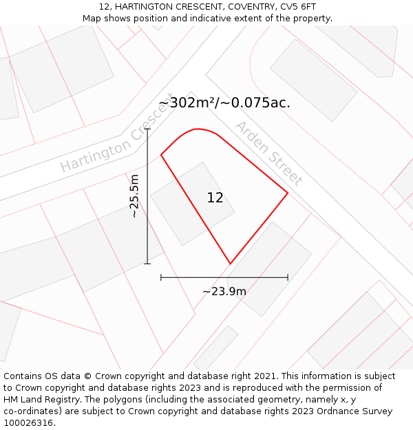 12, HARTINGTON CRESCENT, COVENTRY, CV5 6FT: Plot and title map
