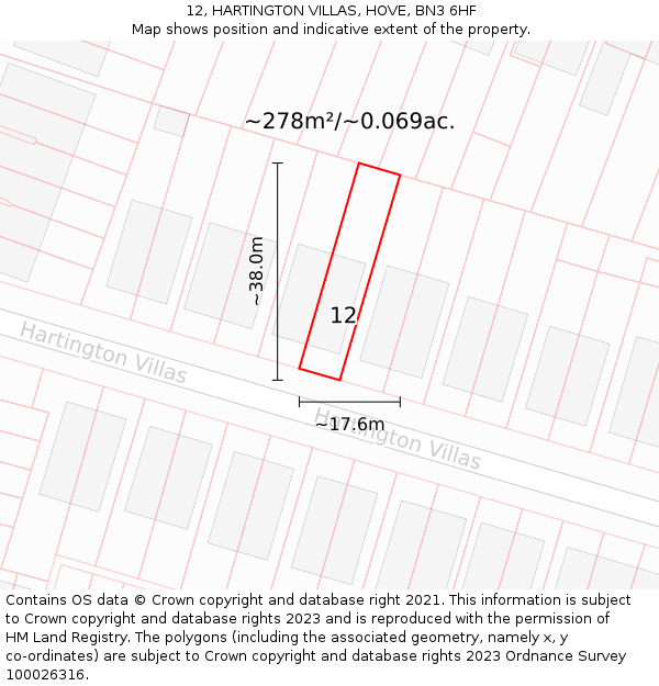 12, HARTINGTON VILLAS, HOVE, BN3 6HF: Plot and title map
