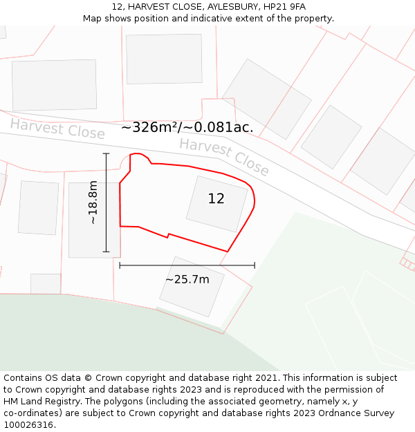 12, HARVEST CLOSE, AYLESBURY, HP21 9FA: Plot and title map