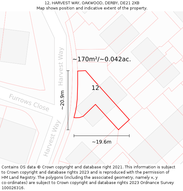 12, HARVEST WAY, OAKWOOD, DERBY, DE21 2XB: Plot and title map
