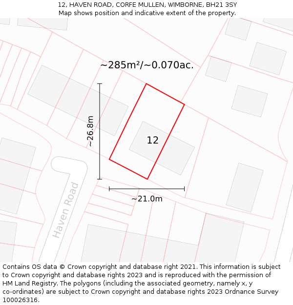 12, HAVEN ROAD, CORFE MULLEN, WIMBORNE, BH21 3SY: Plot and title map