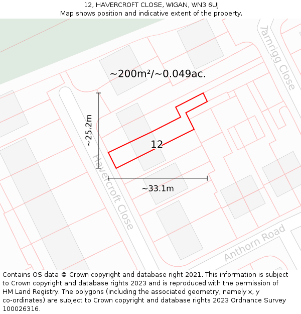 12, HAVERCROFT CLOSE, WIGAN, WN3 6UJ: Plot and title map