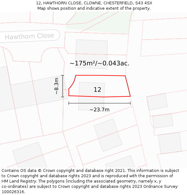 12, HAWTHORN CLOSE, CLOWNE, CHESTERFIELD, S43 4SX: Plot and title map