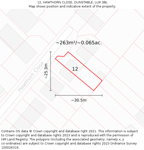 12, HAWTHORN CLOSE, DUNSTABLE, LU6 3BL: Plot and title map