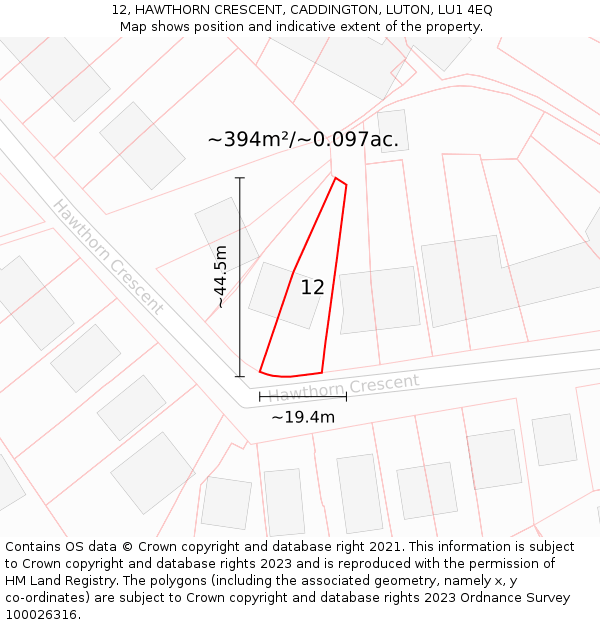 12, HAWTHORN CRESCENT, CADDINGTON, LUTON, LU1 4EQ: Plot and title map