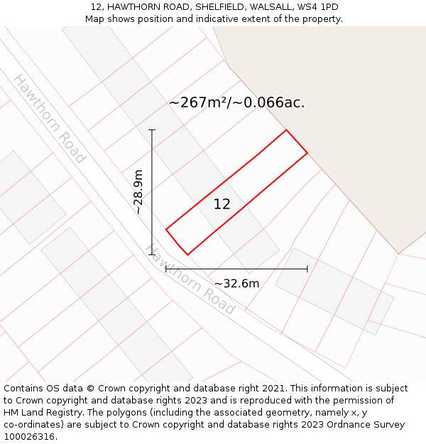 12, HAWTHORN ROAD, SHELFIELD, WALSALL, WS4 1PD: Plot and title map