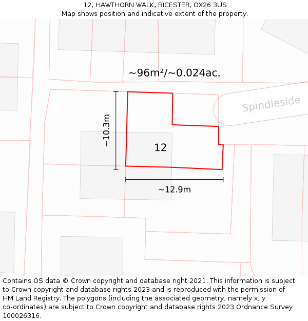 12, HAWTHORN WALK, BICESTER, OX26 3US: Plot and title map