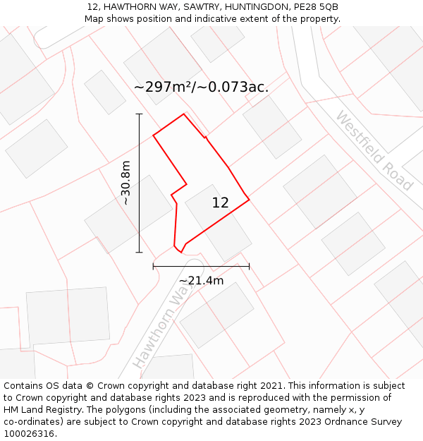 12, HAWTHORN WAY, SAWTRY, HUNTINGDON, PE28 5QB: Plot and title map