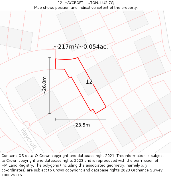 12, HAYCROFT, LUTON, LU2 7GJ: Plot and title map