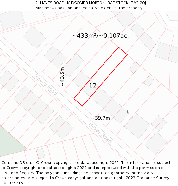12, HAYES ROAD, MIDSOMER NORTON, RADSTOCK, BA3 2QJ: Plot and title map