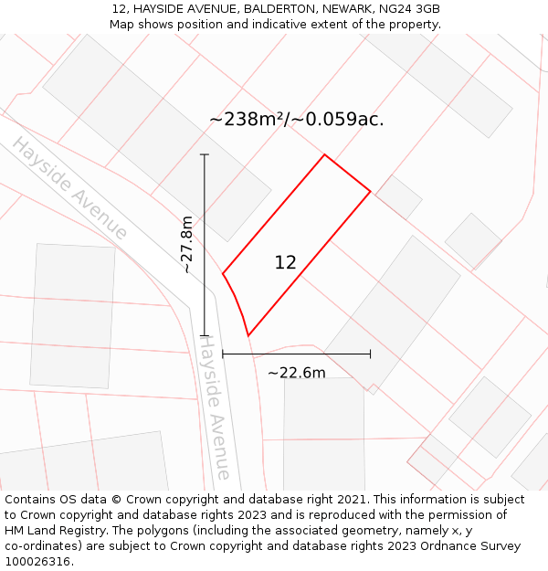 12, HAYSIDE AVENUE, BALDERTON, NEWARK, NG24 3GB: Plot and title map