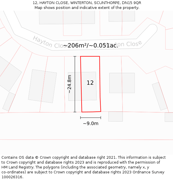 12, HAYTON CLOSE, WINTERTON, SCUNTHORPE, DN15 9QR: Plot and title map