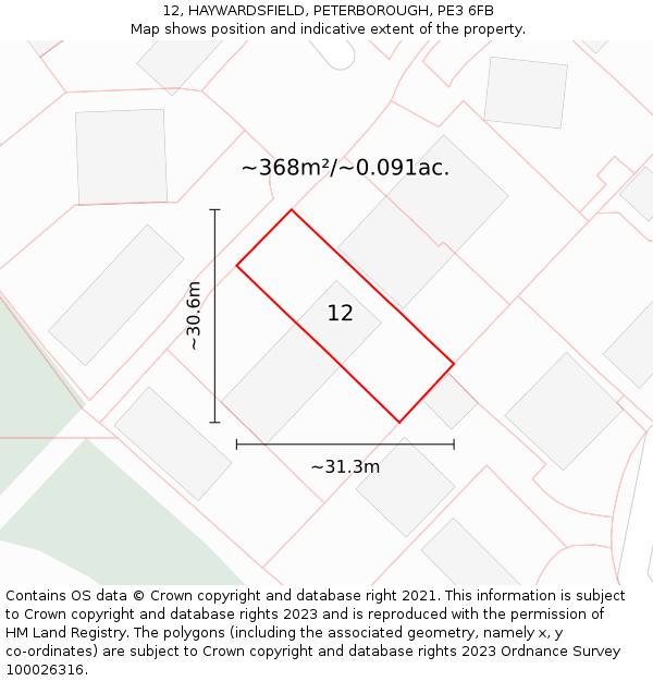 12, HAYWARDSFIELD, PETERBOROUGH, PE3 6FB: Plot and title map