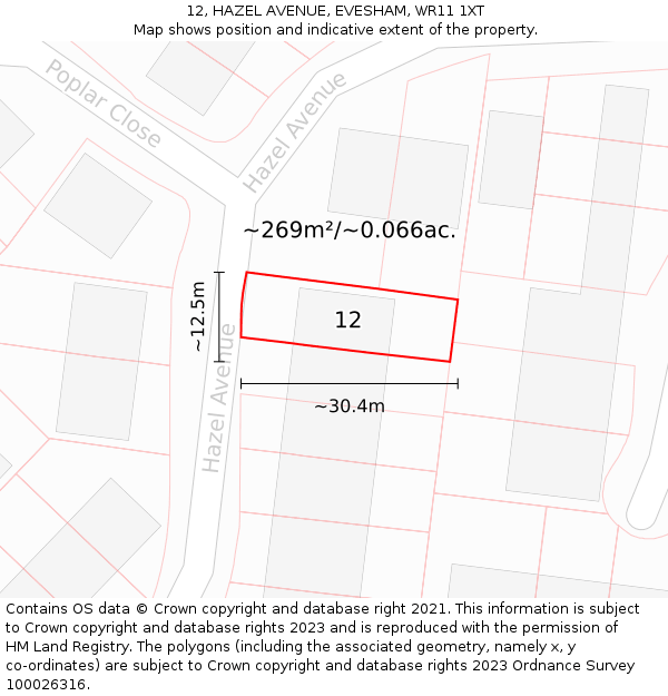 12, HAZEL AVENUE, EVESHAM, WR11 1XT: Plot and title map