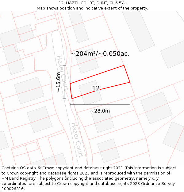 12, HAZEL COURT, FLINT, CH6 5YU: Plot and title map