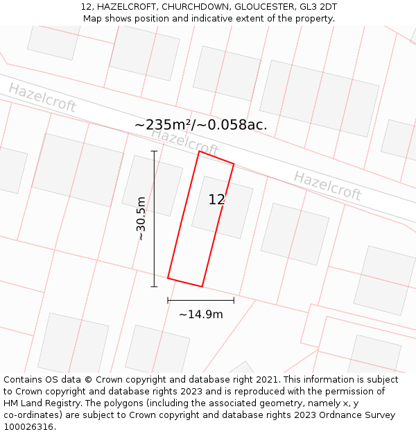 12, HAZELCROFT, CHURCHDOWN, GLOUCESTER, GL3 2DT: Plot and title map
