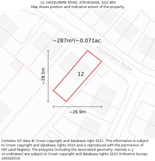12, HAZELMERE ROAD, STEVENAGE, SG2 8RX: Plot and title map