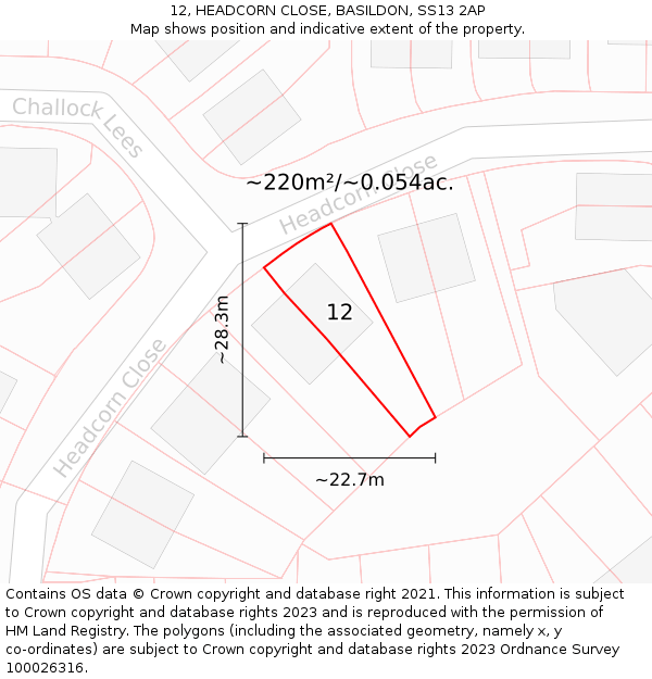 12, HEADCORN CLOSE, BASILDON, SS13 2AP: Plot and title map
