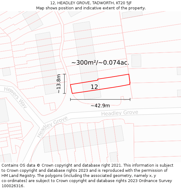 12, HEADLEY GROVE, TADWORTH, KT20 5JF: Plot and title map