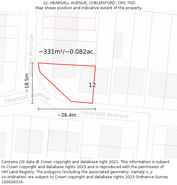 12, HEARSALL AVENUE, CHELMSFORD, CM1 7DD: Plot and title map
