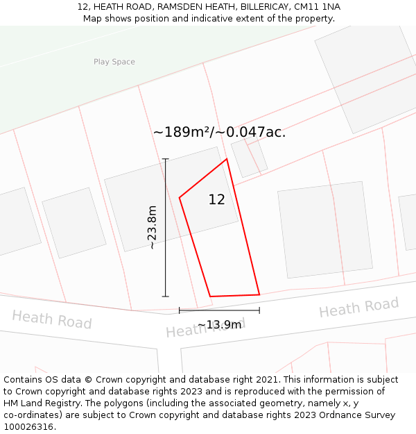 12, HEATH ROAD, RAMSDEN HEATH, BILLERICAY, CM11 1NA: Plot and title map