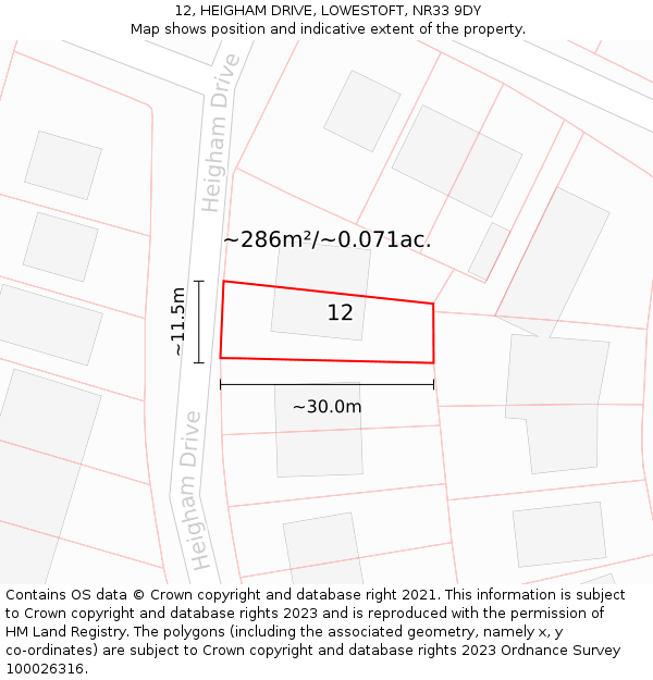 12, HEIGHAM DRIVE, LOWESTOFT, NR33 9DY: Plot and title map