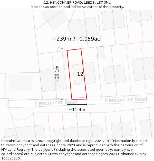 12, HENCONNER ROAD, LEEDS, LS7 3NU: Plot and title map