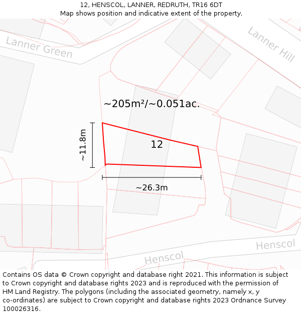 12, HENSCOL, LANNER, REDRUTH, TR16 6DT: Plot and title map