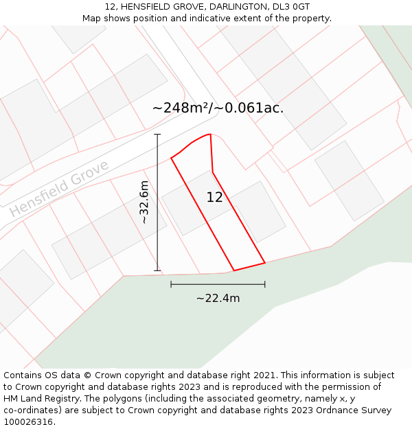 12, HENSFIELD GROVE, DARLINGTON, DL3 0GT: Plot and title map