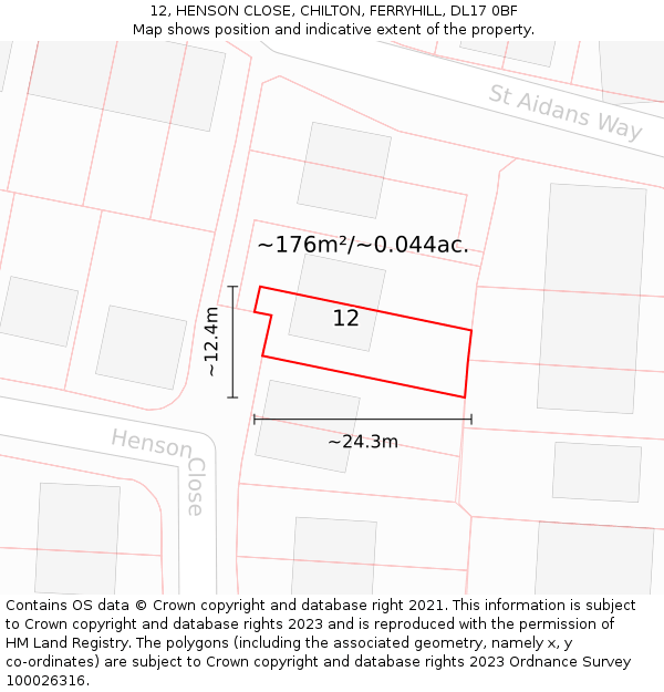 12, HENSON CLOSE, CHILTON, FERRYHILL, DL17 0BF: Plot and title map
