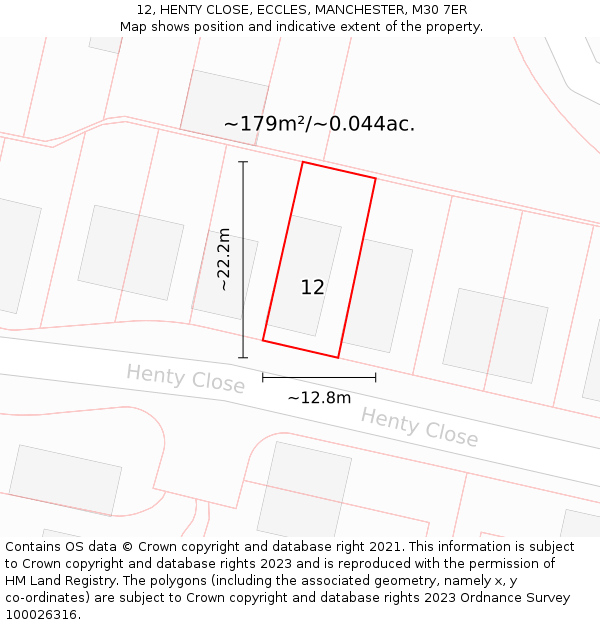 12, HENTY CLOSE, ECCLES, MANCHESTER, M30 7ER: Plot and title map
