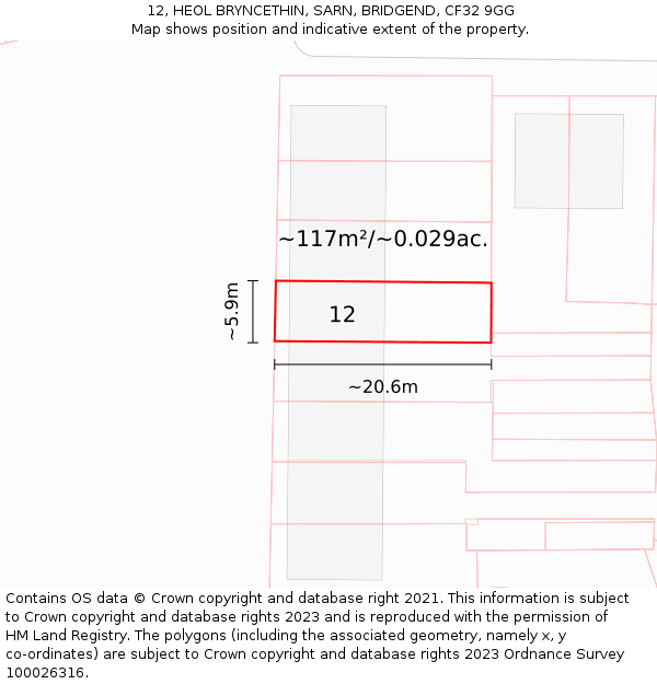 12, HEOL BRYNCETHIN, SARN, BRIDGEND, CF32 9GG: Plot and title map