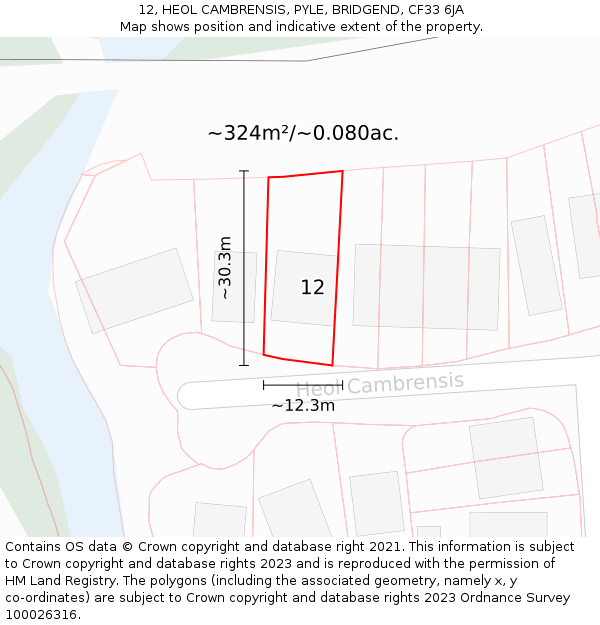 12, HEOL CAMBRENSIS, PYLE, BRIDGEND, CF33 6JA: Plot and title map