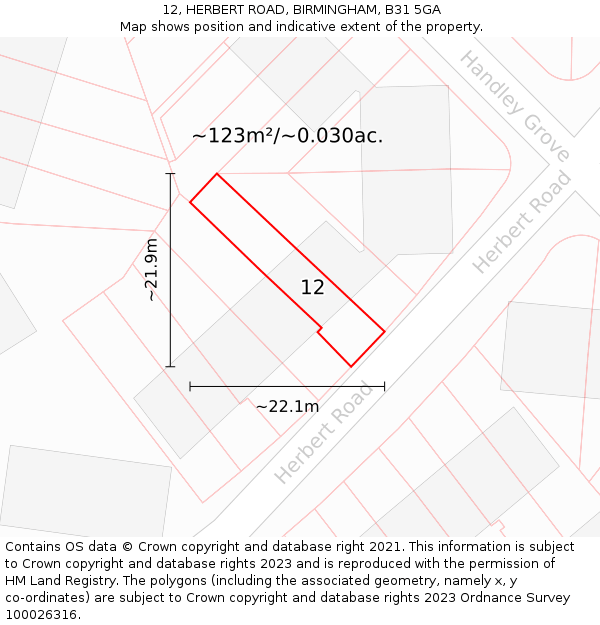 12, HERBERT ROAD, BIRMINGHAM, B31 5GA: Plot and title map