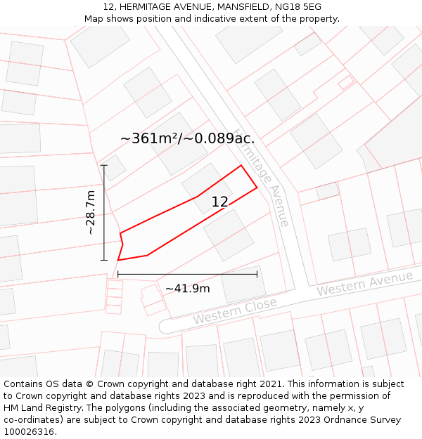 12, HERMITAGE AVENUE, MANSFIELD, NG18 5EG: Plot and title map