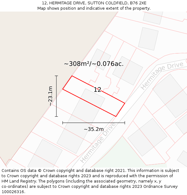 12, HERMITAGE DRIVE, SUTTON COLDFIELD, B76 2XE: Plot and title map