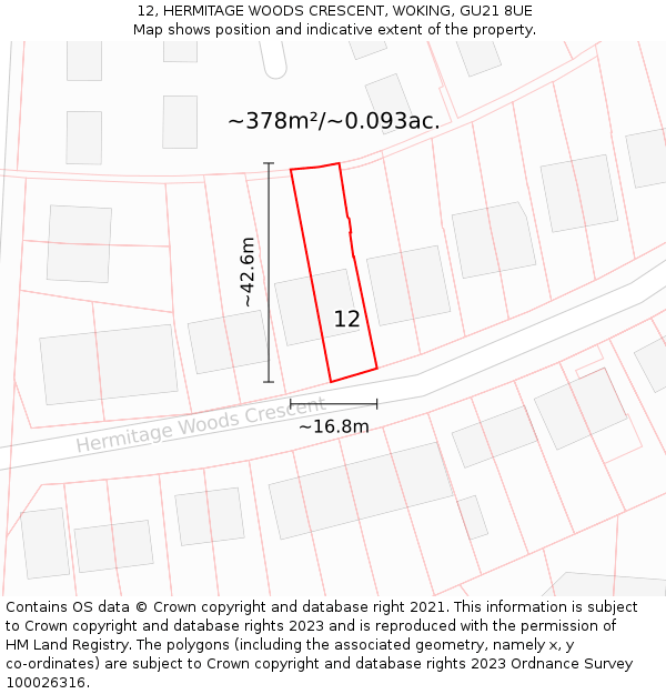 12, HERMITAGE WOODS CRESCENT, WOKING, GU21 8UE: Plot and title map