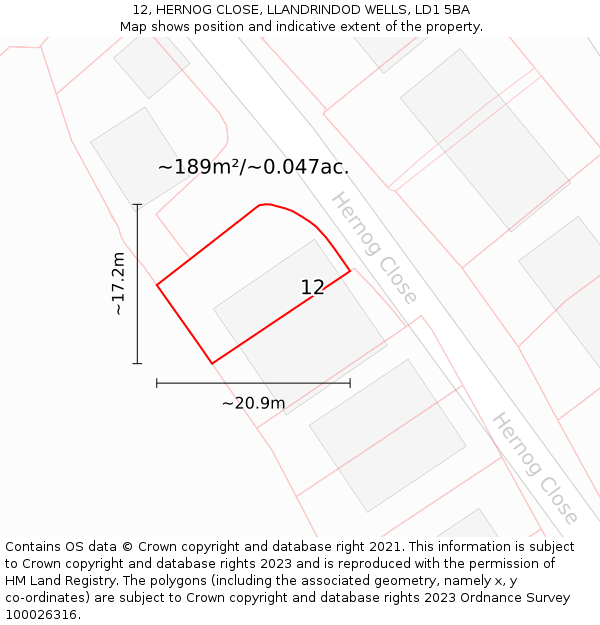 12, HERNOG CLOSE, LLANDRINDOD WELLS, LD1 5BA: Plot and title map