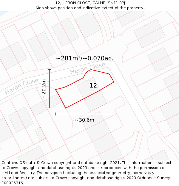 12, HERON CLOSE, CALNE, SN11 8PJ: Plot and title map