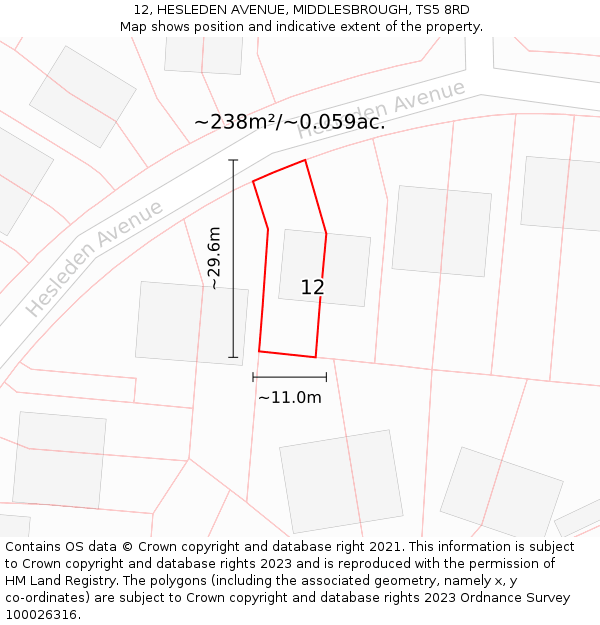 12, HESLEDEN AVENUE, MIDDLESBROUGH, TS5 8RD: Plot and title map