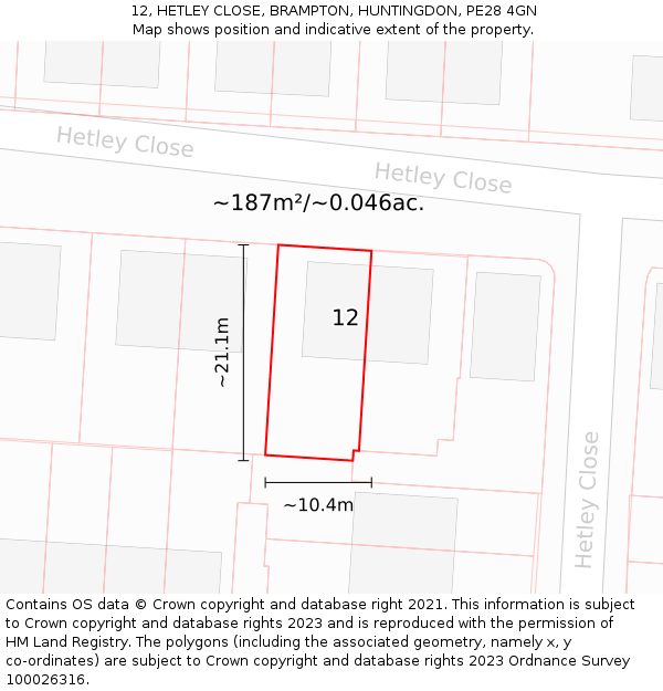 12, HETLEY CLOSE, BRAMPTON, HUNTINGDON, PE28 4GN: Plot and title map