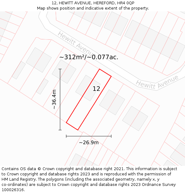 12, HEWITT AVENUE, HEREFORD, HR4 0QP: Plot and title map