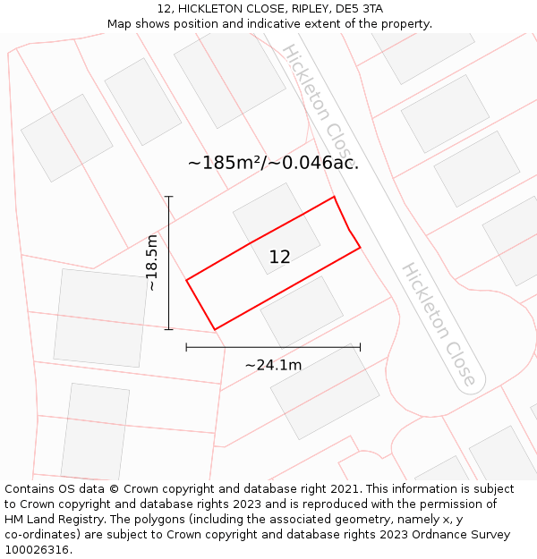 12, HICKLETON CLOSE, RIPLEY, DE5 3TA: Plot and title map